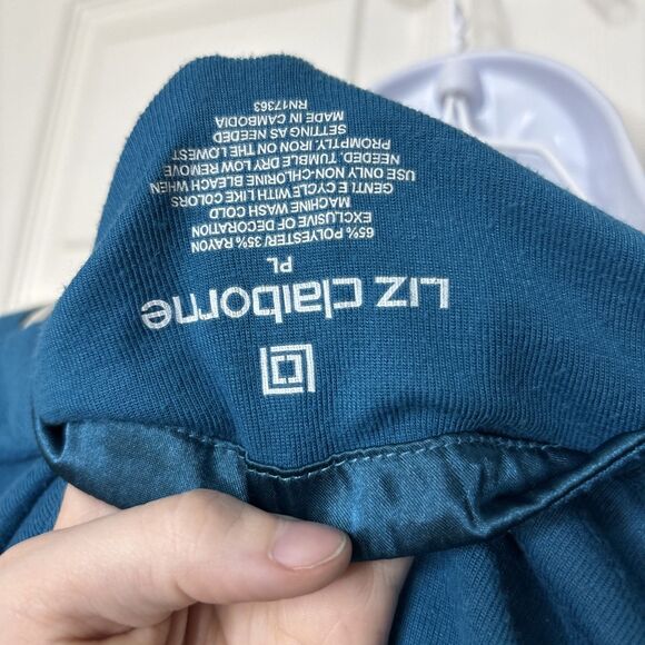 Liz Claiborne LG Teal Long Sleeve Pajama Top Satin Trim Button Front PL Petite L - Picture 5 of 6